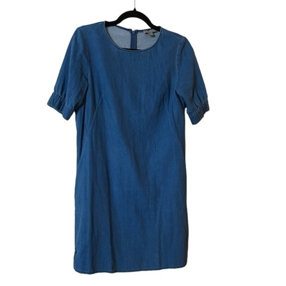 COS • Simple Short Sleeved Medium Wash A-Line Blue Denim Dress w/ Pockets